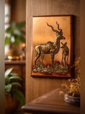 Vintage African Pure Copper Wall Art Panel • Antelope & Calf Relief • Collector